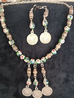 Vintage-Inspired Green Cloisonné Bead Necklace & Earring Set (Arabic Coins)